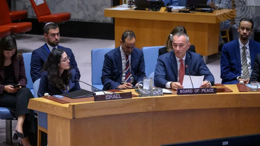 Noa Furman, Israel’s deputy ambassador to the United Nations, and Nickolay Mladenov, high representative for Gaza for the Board of Peace, at the U.N. Security Council meeting on the situation in the Middle East, including the Palestinian question, at the U.N. headquarters in New York City, Aug. 26, 2026. Credit: Loey Felipe/UN Photo.