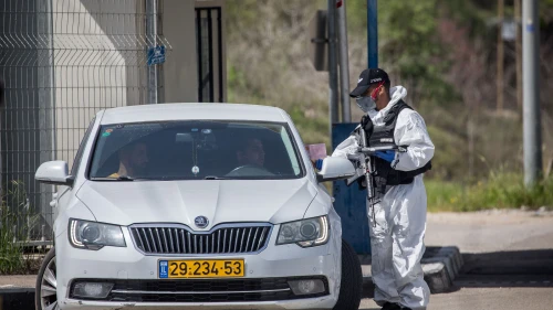 Israeli border police wear protective gear and masks at the Ein Yael Checkpoint, near the Jerusalem Biblical Zoo, March 11, 2020. Photo by Yonatan Sindel/Flash90