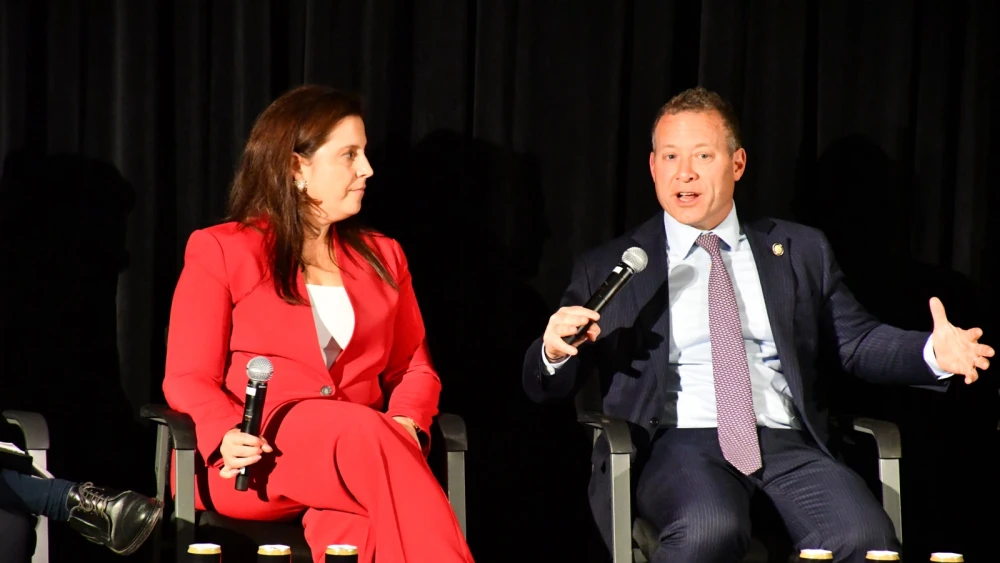 Reps. Elise Stefanik (R-N.Y.) and Josh Gottheimer (D-N.J.) announce a new bipartisan congressional caucus focused on campus antisemitism at Vanderbilt University in Nashville, Tenn., Sept. 8, 2026. Credit: Courtesy of Rep. Josh Gottheimer.