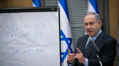 Israeli Prime Minister Benjamin Netanyahu meets with the heads of the right-wing parties to discuss the results of Israel's March 2 elections. The Hebrew text on teh whiteboard reads "Zionist right: 58, Zionist left, 47." March 4, 2020. Photo by Yonatan Sindel/Flash90.