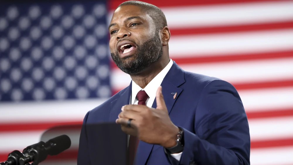 Republican gubernatorial candidate Rep. Byron Donalds (R-Fla.) speaks at a midterm campaign rally in Lakeland, Fla., on Oct. 1, 2026. Photo by Kevin Lamarque/POOL/Getty Images.
