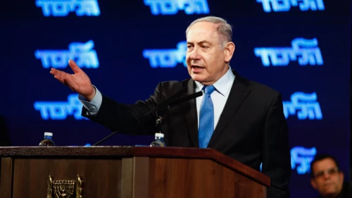 Israeli Prime Minister Benjamin Netanyahu speaks during a Likud Party event in Lod, Israel, on Feb. 11, 2020. Photo by Flash90.