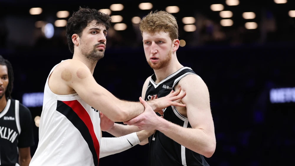 Portland Trail Blazers forward Deni Avdija (8) and Brooklyn Nets forward Danny Wolf (2) battle for position during the second quarter at Barclays Center in Brooklyn on March 16, 2026. Photo by Dustin Satloff/Getty Images.