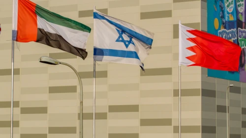 The flags of the United States, the United Arab Emirates, Israel and Bahrain seen on the side of a road in the city of Netanya on Sept. 14, 2020. Photo by Flash90.