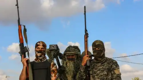 Terrorists affiliated with the Hamas-led Joint Operations Room attend a ceremony to mark the anniversary of Israel's 2005 withdrawal from Gaza, Sept. 20, 2023. Photo by Abed Rahim Khatib/Flash90.