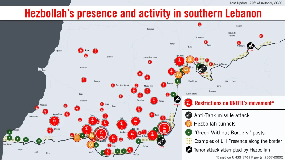 A map by the Israel Defense Forces highlighting areas of southern Lebanon that Hezbollah operates from. Credit: Permanent Mission of Israel to the U.N.