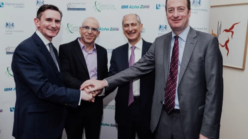 (From right to left) British Ambassador to Israel David Quarrey, David Dangoor, the Exilarch’s Foundation, IBM Israel’s CTO Uri Hayik and UCL Partners Managing Director Charlie Davie at the UK-Israel Dangoor Health Initiative launch event. Credit: Ben Kelmer.