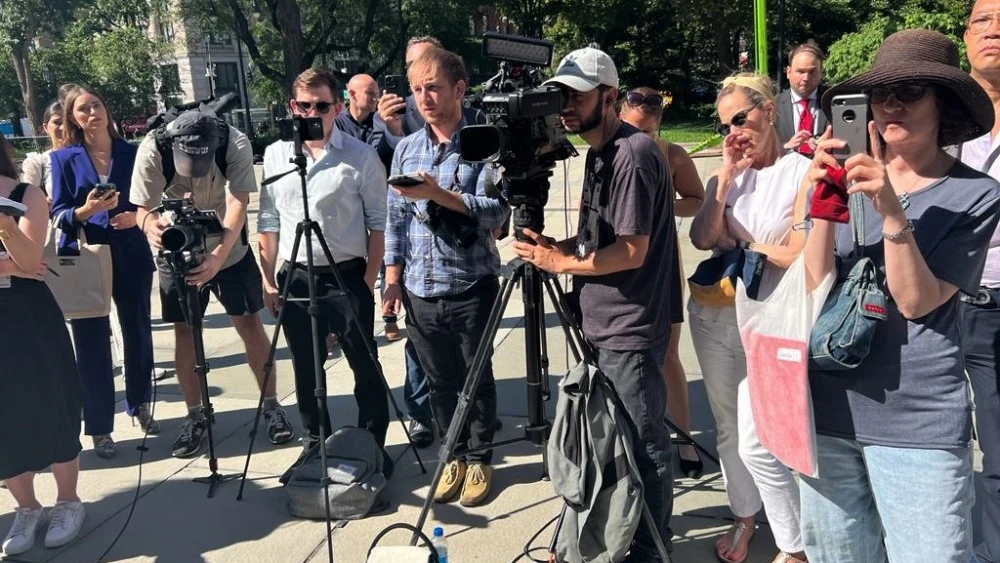 Media outlets outside a New York City Council hearing on growing anti-Semitism and CUNY schools, particularly at the law school, on June 30, 2022. Credit: #EndJewHatred.