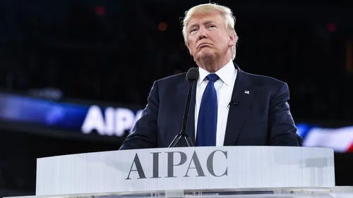 Donald Trump, at the time a presidential candidate, during his speech at the 2016 AIPAC Policy Conference in March. Credit: AIPAC.