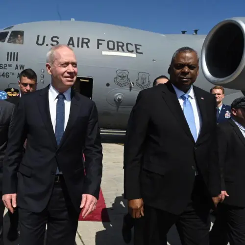 Israel Defense Minister Yoav Gallant welcomes U.S. Defense Secretary Lloyd Austin at Ben-Gurion International Airport on March 9, 2023. Photo by Ariel Hermoni/Israel Defense Ministry.