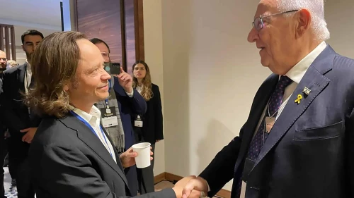 Brock Pierce (left) with former Israeli President Reuven Rivlin. Credit: Courtesy.