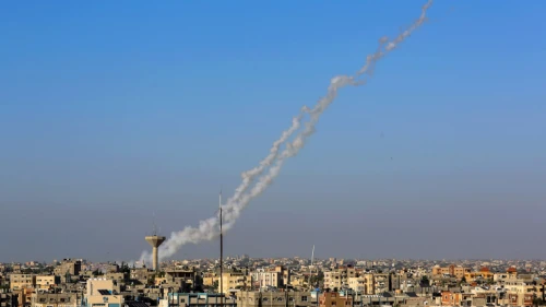 Smoke trails are seen as a rocket is launched at Israel from Rafah in the southern Gaza Strip on May 4, 2019. Photo by Abed Rahim Khatib/Flash90.