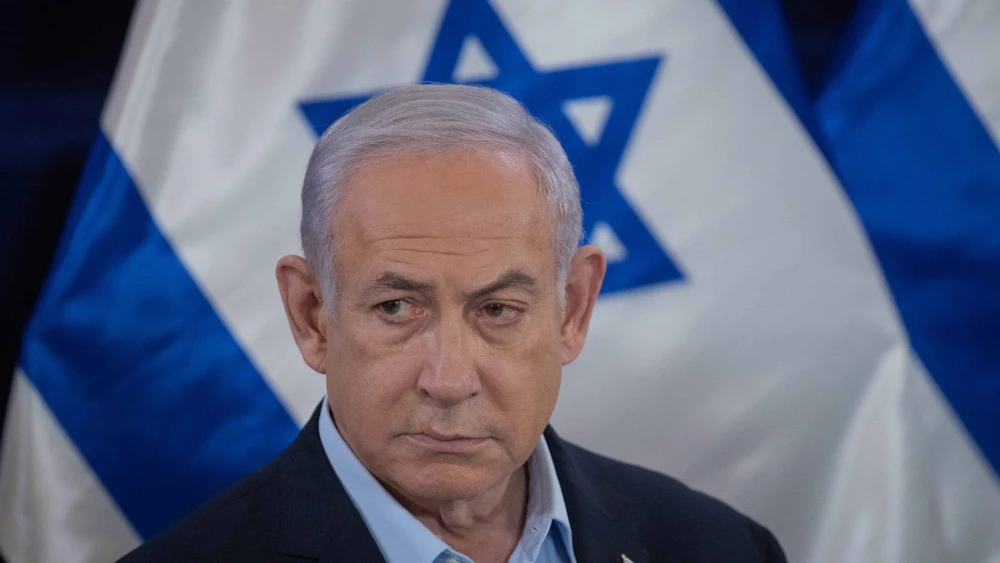 Israeli Prime Minister Benjamin Netanyahu attends a press conference at the Ministry of Defense in Tel Aviv. Nov. 22, 2023. Photo by Chaim Goldberg/Flash90.