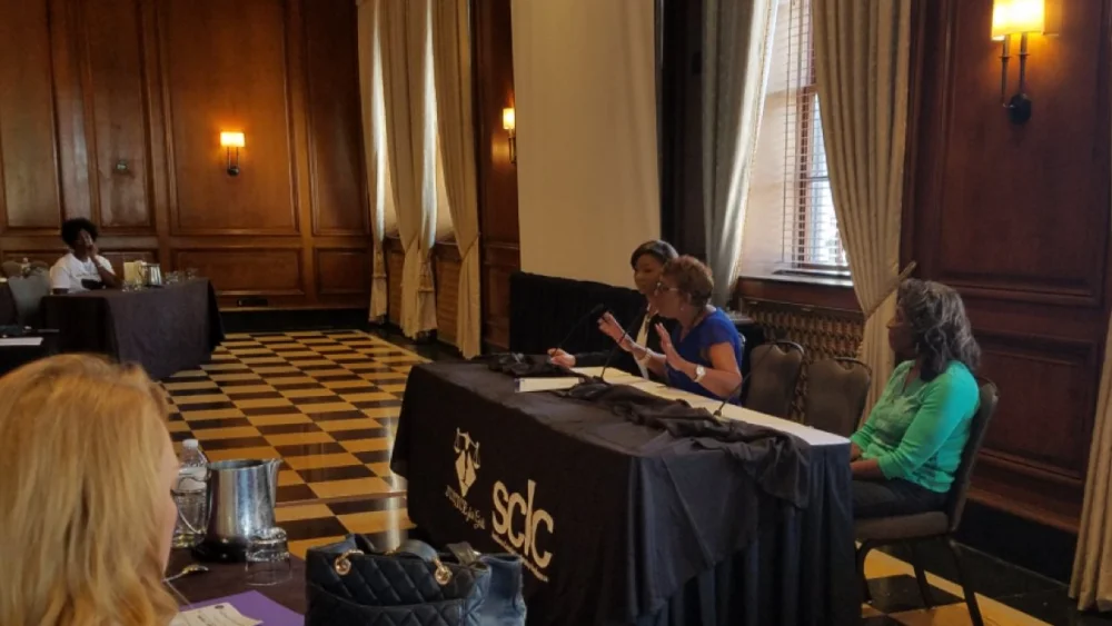 Cathelean Steele, national project coordinator at the Southern Christian Leadership Conference, leads a workshop about sex trafficking in the United States, July 21, 2017. Source: Twitter.
