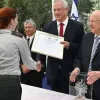 Israeli Defense Minister Benny Gantz and President Reuven Rivlin award the Israel Defense Prize in a ceremony at the President's Residence in Jerusalem, July 5, 2021. Credit: Ariel Hermoni/Defense Ministry.