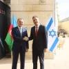 Israeli Foreign Minister Eli Cohen (right) greets his Azerbaijani counterpart Jeyhun Bayramov in Jerusalem on March 29, 2023. Photo by Miri Shimonovich/Israel Foreign Ministry.