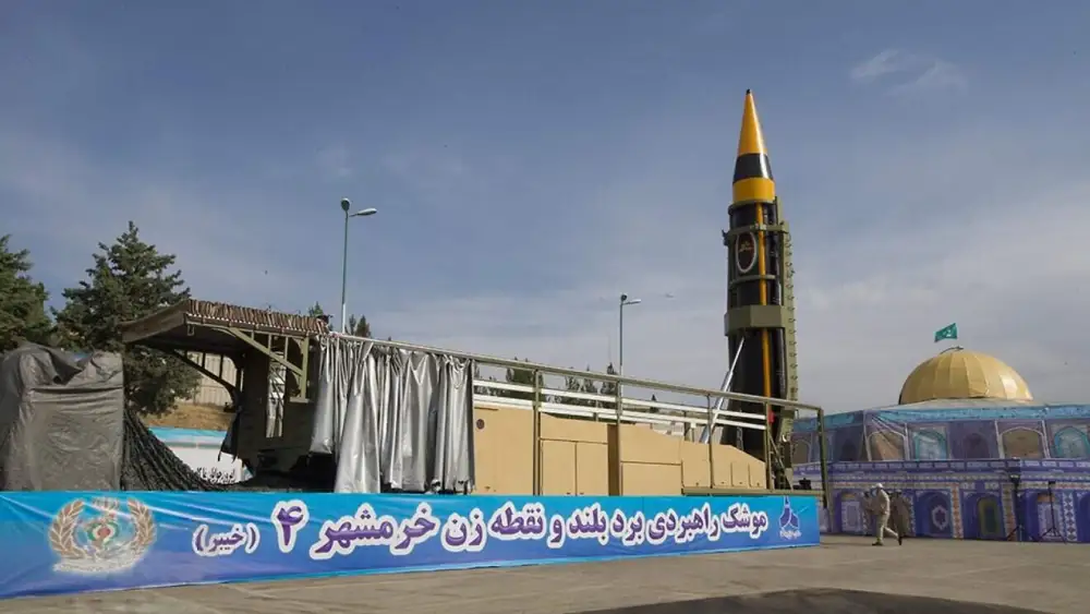 A Khorramshahr-4 medium-range ballistic missile at its unveiling ceremony in Tehran on May 25, 2023. Credit: Fars Media Corporation via Wikimedia Commons.