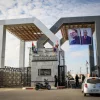 Photos of Egyptian President Abdel Fattah el-Sisi and Palestinian Authority leader Mahmoud Abbas affixed at the Rafah border crossing between Egypt and the Gaza Strip, Nov. 1, 2017. Photo by Abed Rahim Khatib/Flash90.