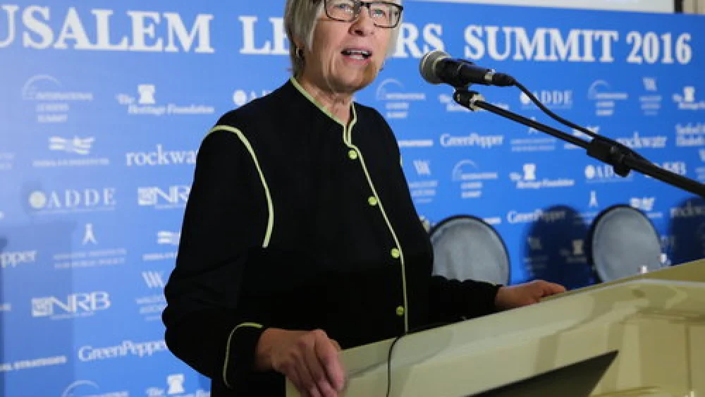 Becky Norton Dunlop, a member of President-elect Donald Trump's transition team and a distinguished fellow at the Washington, D.C.-based Heritage Foundation, speaks at the Dec. 19 Jerusalem Leaders Summit. Credit: Yossi Zamir.