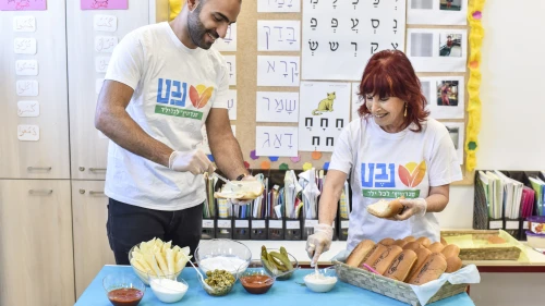 Staff with Nevet, an organization based in Ra’anana, Israel, prepare breakfast sandwiches for children in need throughout the country. January 2019. Credit: Omri Shapira.