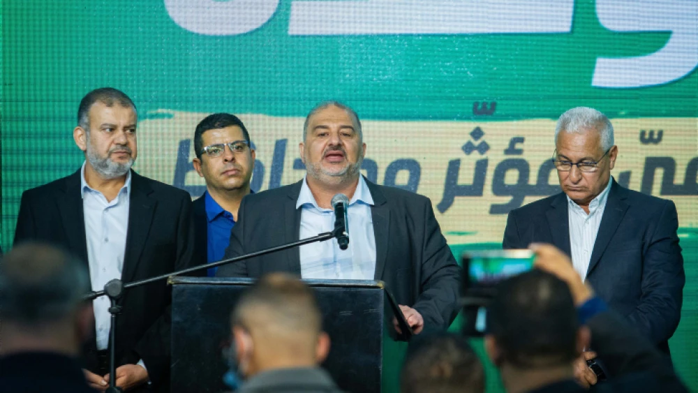Ra'am Party leader Mansour Abbas at party headquarters in Tamra, on election night, March 23, 2021. Photo by Flash90.