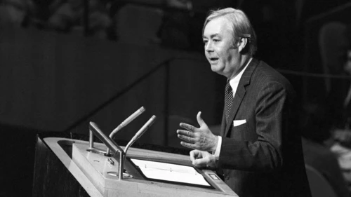 Daniel Patrick Moynihan, then the American ambassador to the United Nations, addresses the U.N. General Assembly on Nov. 10, 1975, the day the General Assembly adopted the "Zionism is racism" resolution. Moynihan said that the U.S. "will never acquiesce in this infamous act." Credit: UN Photo/Teddy Chen.