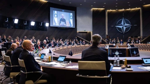 Israeli Defense Minister Yoav Gallant briefs his NATO counterparts on the Hamas atrocities committed against Israelis, Brussels, Oct. 12, 2023. Source: Twitter.