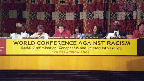 U.N. High Commissioner for Human Rights Mary Robinson addresses a group of U.S. civil-rights and human-rights activists who presented her with a petition appealing to the United Nations to look into racial discrimination in the administration of the death penalty, as well as racial profiling and the lack of police accountability in the United States. The event was in connection with the World Conference against Racism, Racial Discrimination, Xenophobia and Related Intolerance, planned for Aug. 31 to Sept. 7, 2001, in Durban, South Africa. Credit: U.N. Photo/Ron da Silva.