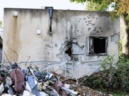 Destruction at kibbutz Kfar Aza after the Hamas-led terrorist attacks of Oct. 7, in southern Israel, on Dec. 19, 2023. Photo by Moshe Shai/Flash90.
