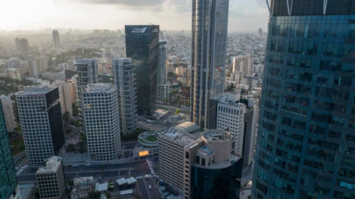 An ariel view shows the The Tel Aviv Stock Exchange and the surroundings, April 20, 2022. Photo by Matanya Tausig/Flash90