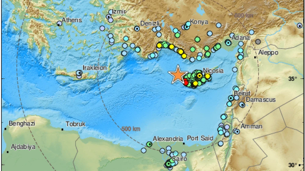 A map showing reports following a 6.6-magnitude earthquake in Cyprus on Jan 11, 2022. Source: European-Mediterranean Seismological Centre.