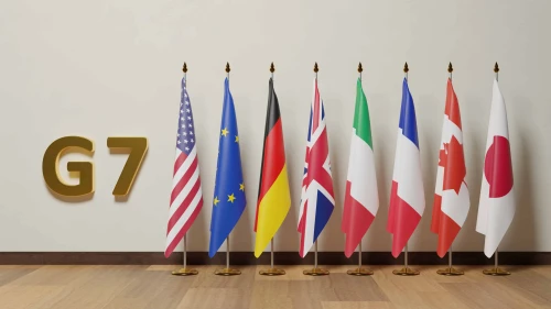 The Group of Seven (G7) flag, consisting of Canada, France, Germany, Italy, Japan, the United Kingdom, the United States and the European Union. Credit: Shutterstock.