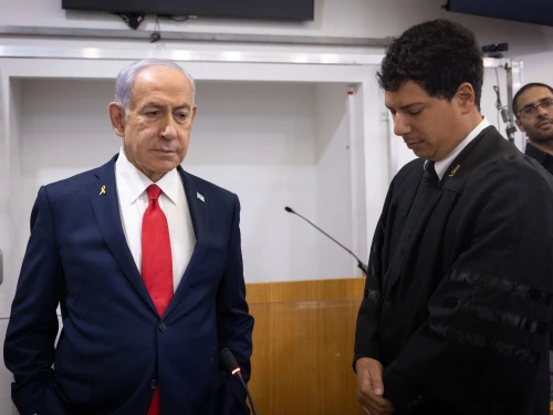 Israeli Prime Minister Benjamin Netanyahu in the Tel Aviv Distrcit court, before the start of his testimony in the trial against him, Oct. 28, 2025. Photo by Miriam Alster/Flash90.