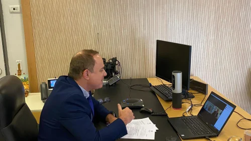 Israeli Energy Minister Yuval Steinitz on a video call with the energy minister of the UAE on Sept. 23, 2020. Source: Twitter.