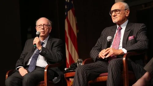 Efraim Halevy (left), the former director of Israel’s Mossad intelligence agency, and Prince Turki al-Faisal, the former head of Saudi Arabia’s General Intelligence Directorate, publicly debate U.S. foreign policy during an unprecedented event last month at the Temple Emanu-El Streicker Center in New York City. Credit: Israel Policy Forum via Facebook.