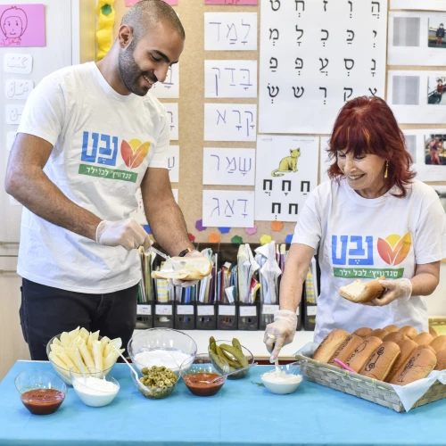 Staff with Nevet, an organization based in Ra’anana, Israel, prepare breakfast sandwiches for children in need throughout the country. January 2019. Credit: Omri Shapira.