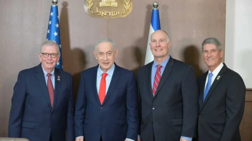Israeli Prime Minister Benjamin Netanyahu meets with Reps. Tim Walberg (R-Mich.), John Moolenaar (R-Mich.) and Scott Franklin (R-Fla.) at the Prime Minister's Office in Jerusalem, Feb. 17, 2026. Photo by Amos Ben-Gershom/GPO.