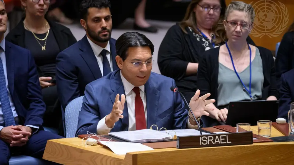 Danny Danon, permanent representative of Israel to the United Nations, addresses the U.N. Security Council meeting on the situation in the Middle East, including the Palestinian question, at the U.N. headquarters in New York City, June 18, 2026. Credit: Loey Felipe/UN Photo.