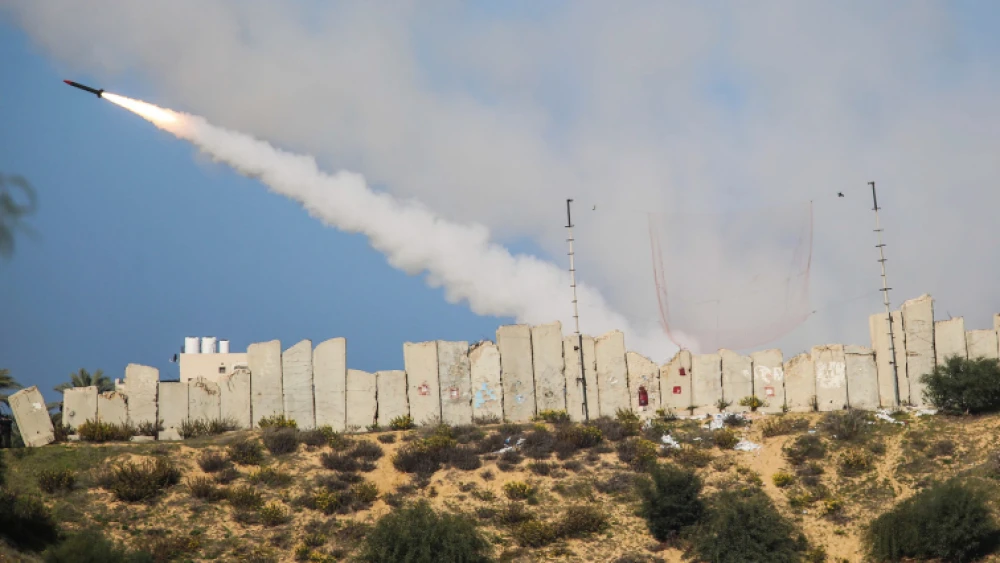 Illustrative: A rocket is fired into the Mediterranean Sea during a drill of Palestinian armed groups simulating a war against Israel, south of Gaza City, on Dec. 29, 2020. Photo by Ali Ahmed/Flash90.