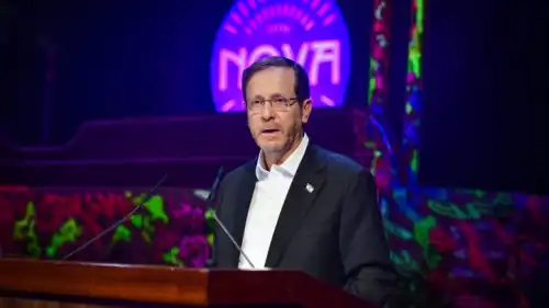 Israeli President Isaac Herzog attends the opening of an exhibition in Tel Aviv of objects collected from the site of the Supernova massacre, Dec. 7, 2023. Photo by Avshalom Sassoni/Flash90.