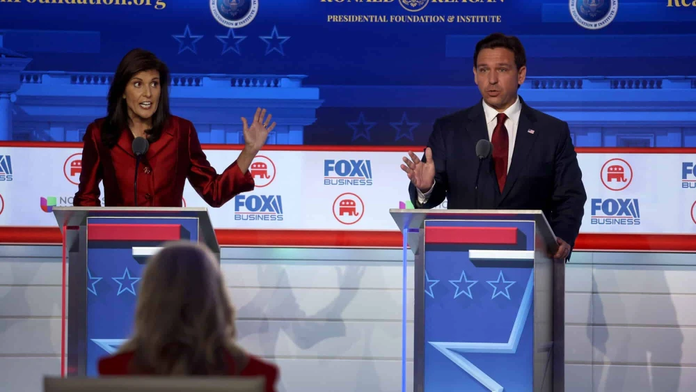 Candidates Nikki Haley and Ron DeSantis during the Republican presidential debate at the Ronald Reagan Presidential Library in Simi Valley, California, Sept. 27, 2023. Source: X/Twitter.