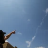 View of the trail left in the sky by a Patriot missile that was fired to intercept a drone entering Israel from Syria, as seen in the northern Israeli city of Tzfat on July 13, 2018. Photo by David Cohen/Flash90.