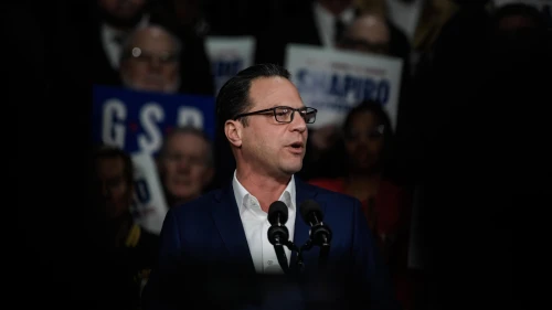 Pennsylvania Gov. Josh Shapiro speaks to supporters at a rally announcing his re-election bid, at the Alan Horwitz "Sixth Man" Center in Philadelphia, on Jan. 8, 2026. Photo by Matthew Hatcher/Getty Images.