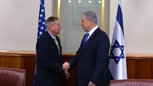 Click photo to download. Caption: U.S. Sen. Lindsey Graham (R-S.C., pictured at left) during his recent meeting with Israeli Prime Minister Benjamin Netanyahu in Jerusalem. Credit: Lindsey Graham via Twitter.