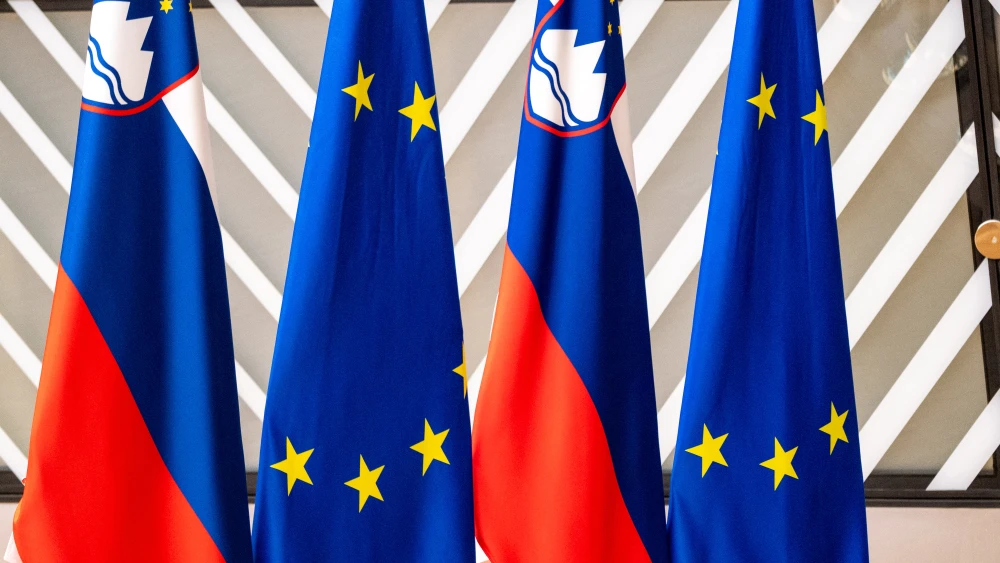 Flag during the meeting between President of the European Council Antonio Luis Santos da Costa and President of Slovenia Natasa Pirc Musar at the European Council, an institution of the European Union, in Brussels, Belgium, on May 25, 2025. Photo by Martin Bertrand/Hans Lucas/AFP via Getty Images.