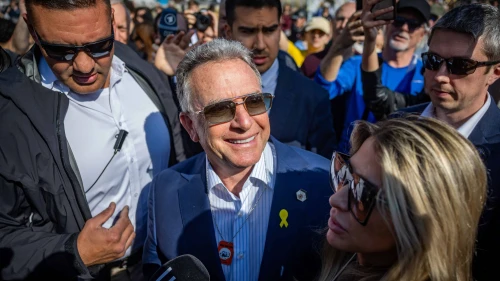 U.S. Special Envoy to the Middle East Steve Witkoff and his wife, Lauren Jill Rappoport, at "Hostage Square" in Tel Aviv, Jan. 30, 2025. Photo by Yonatan Sindel/Flash90.