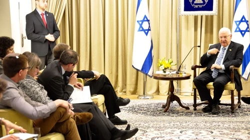 Click photo to download. Caption: Israeli President Reuven Rivlin speaks with English-language reporters ahead of his first Independence Day as president. Credit: Israeli President's Office.