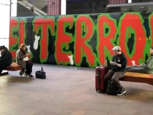 A train covered in anti-Israel graffiti pulls into a station in Antwerp, Belgium on Nov. 24, 2025. Photo courtesy of FJO.