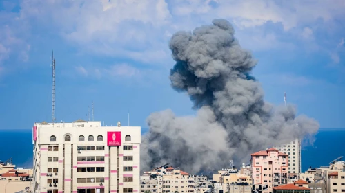 Smoke rises after an Israeli airstrike in Khan Yunis, in the southern Gaza Strip, Oct. 18, 2023. Photo by Atia Mohammed/Flash90.