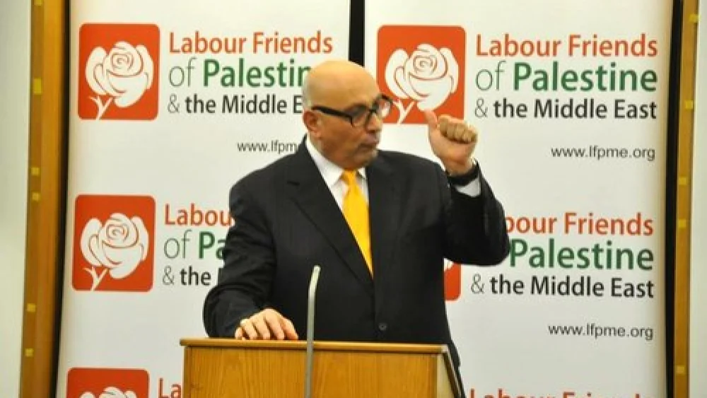 Manuel E. Hassassian, the Palestinian Authority’s chief envoy in London, speaks at an event hosted by a pro-Palestinian British lobby group. Credit: Labour Friends of Palestine & the Middle East via Facebook.